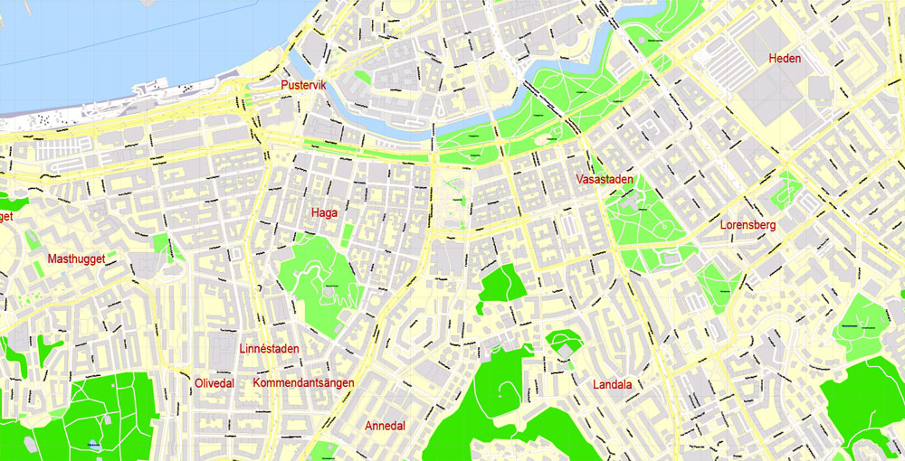Editable PDF Map Gothenburg Göteborg, Sweden, exact City Plan All Buildings, street G-View Level 17 (100 meters scale) map, fully editable, Adobe PDF, full vector, scalable, editable text format of street names, 60 Mb ZIP.