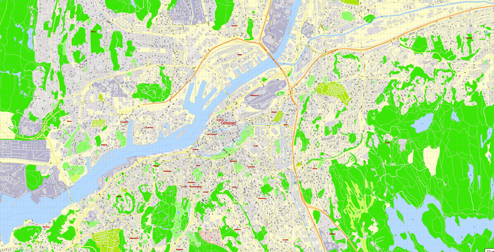 Editable PDF Map Gothenburg Göteborg, Sweden, exact City Plan All Buildings, street G-View Level 17 (100 meters scale) map, fully editable, Adobe PDF, full vector, scalable, editable text format of street names, 60 Mb ZIP.