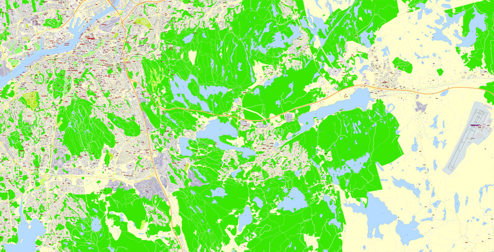 Editable PDF Map Gothenburg Göteborg, Sweden, exact City Plan All Buildings, street G-View Level 17 (100 meters scale) map, fully editable, Adobe PDF, full vector, scalable, editable text format of street names, 60 Mb ZIP.