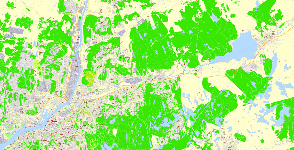 Editable PDF Map Gothenburg Göteborg, Sweden, exact City Plan All Buildings, street G-View Level 17 (100 meters scale) map, fully editable, Adobe PDF, full vector, scalable, editable text format of street names, 60 Mb ZIP.