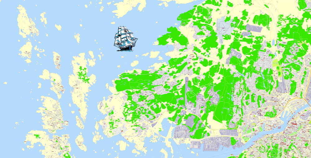 Editable PDF Map Gothenburg Göteborg, Sweden, exact City Plan All Buildings, street G-View Level 17 (100 meters scale) map, fully editable, Adobe PDF, full vector, scalable, editable text format of street names, 60 Mb ZIP.