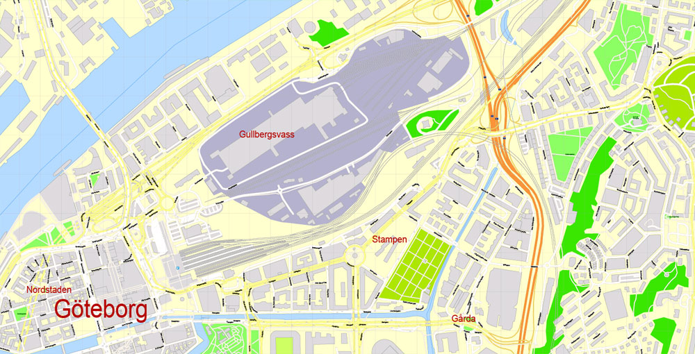 Editable PDF Map Gothenburg Göteborg, Sweden, exact City Plan All Buildings, street G-View Level 17 (100 meters scale) map, fully editable, Adobe PDF, full vector, scalable, editable text format of street names, 60 Mb ZIP.