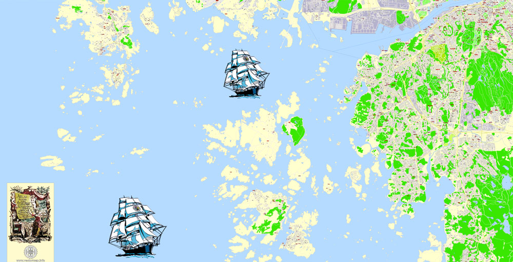 Editable PDF Map Gothenburg Göteborg, Sweden, exact City Plan All Buildings, street G-View Level 17 (100 meters scale) map, fully editable, Adobe PDF, full vector, scalable, editable text format of street names, 60 Mb ZIP.