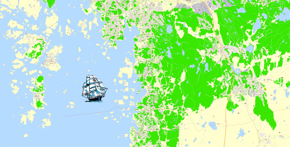 Editable PDF Map Gothenburg Göteborg, Sweden, exact City Plan All Buildings, street G-View Level 17 (100 meters scale) map, fully editable, Adobe PDF, full vector, scalable, editable text format of street names, 60 Mb ZIP.