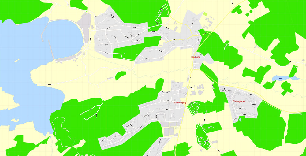 Editable PDF Map Gothenburg Göteborg, Sweden, exact City Plan All Buildings, street G-View Level 17 (100 meters scale) map, fully editable, Adobe PDF, full vector, scalable, editable text format of street names, 60 Mb ZIP.