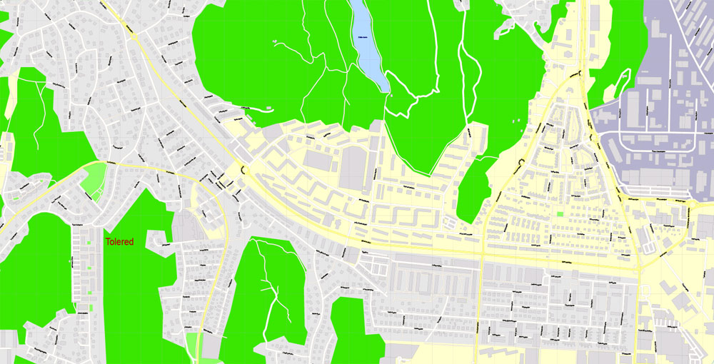 Editable PDF Map Gothenburg Göteborg, Sweden, exact City Plan All Buildings, street G-View Level 17 (100 meters scale) map, fully editable, Adobe PDF, full vector, scalable, editable text format of street names, 60 Mb ZIP.