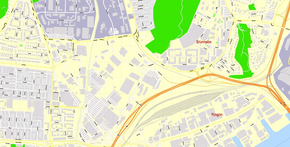 Editable PDF Map Gothenburg Göteborg, Sweden, exact City Plan All Buildings, street G-View Level 17 (100 meters scale) map, fully editable, Adobe PDF, full vector, scalable, editable text format of street names, 60 Mb ZIP.