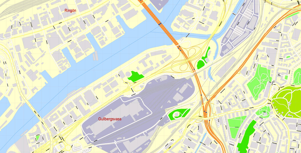 Editable PDF Map Gothenburg Göteborg, Sweden, exact City Plan All Buildings, street G-View Level 17 (100 meters scale) map, fully editable, Adobe PDF, full vector, scalable, editable text format of street names, 60 Mb ZIP.