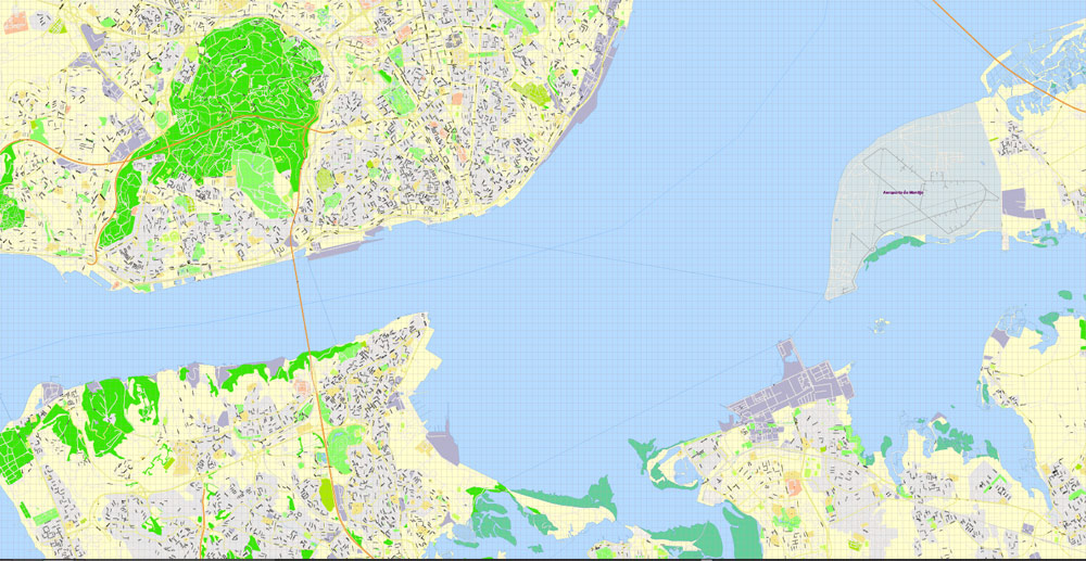 Map Lisbon (Lisboa) Metropolitan Area, Portugal, Printable Vector exact detailed City Plan, scale 1:3664, editable Layered Adobe Illustrator