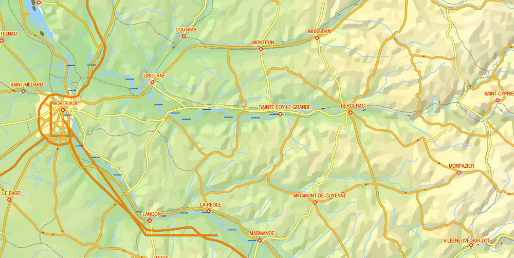 Editable PDF Vector Map Pyrenees Area, Relief, Roads and Waterways map Printable Adobe PDF, scalable, editable text format of names, 33 Mb ZIP.