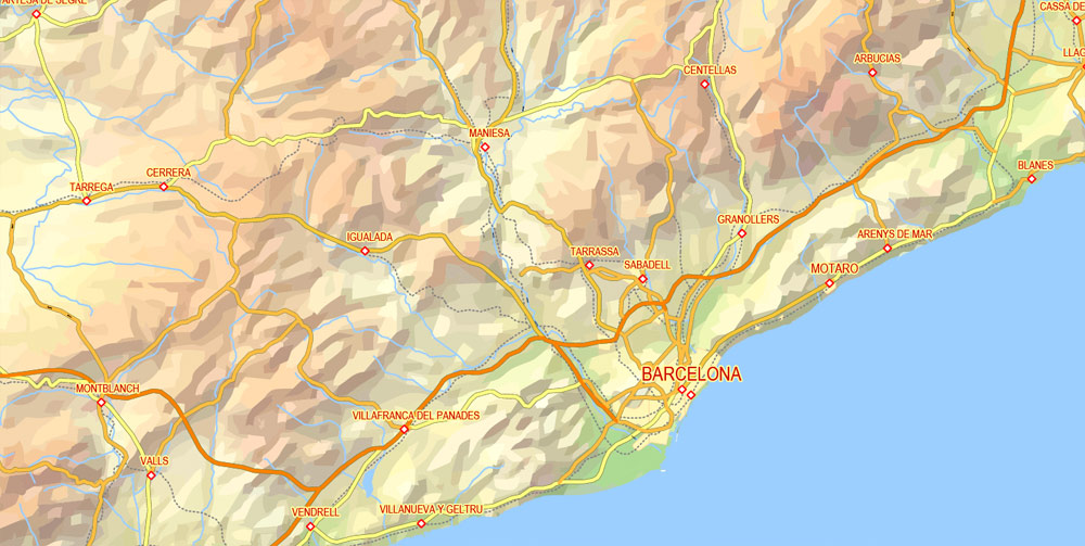 Editable PDF Vector Map Pyrenees Area, Relief, Roads and Waterways map Printable Adobe PDF, scalable, editable text format of names, 33 Mb ZIP.