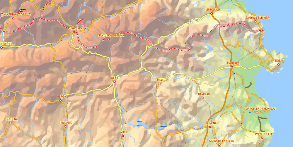 Editable PDF Vector Map Pyrenees Area, Relief, Roads and Waterways map Printable Adobe PDF, scalable, editable text format of names, 33 Mb ZIP.