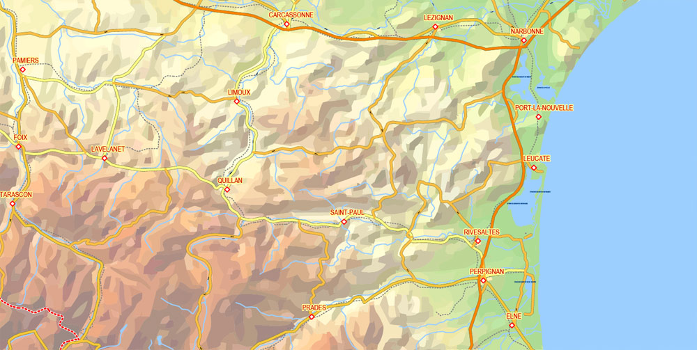 Editable PDF Vector Map Pyrenees Area, Relief, Roads and Waterways map Printable Adobe PDF, scalable, editable text format of names, 33 Mb ZIP.