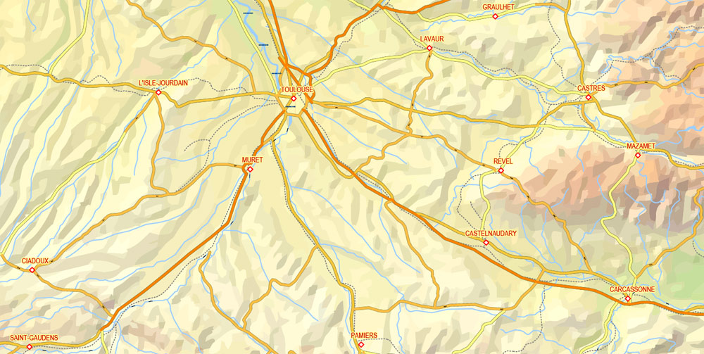 Editable PDF Vector Map Pyrenees Area, Relief, Roads and Waterways map Printable Adobe PDF, scalable, editable text format of names, 33 Mb ZIP.