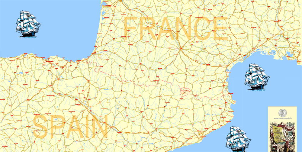 Editable PDF Vector Map Pyrenees Area, Relief, Roads and Waterways map Printable Adobe PDF, scalable, editable text format of names, 33 Mb ZIP.