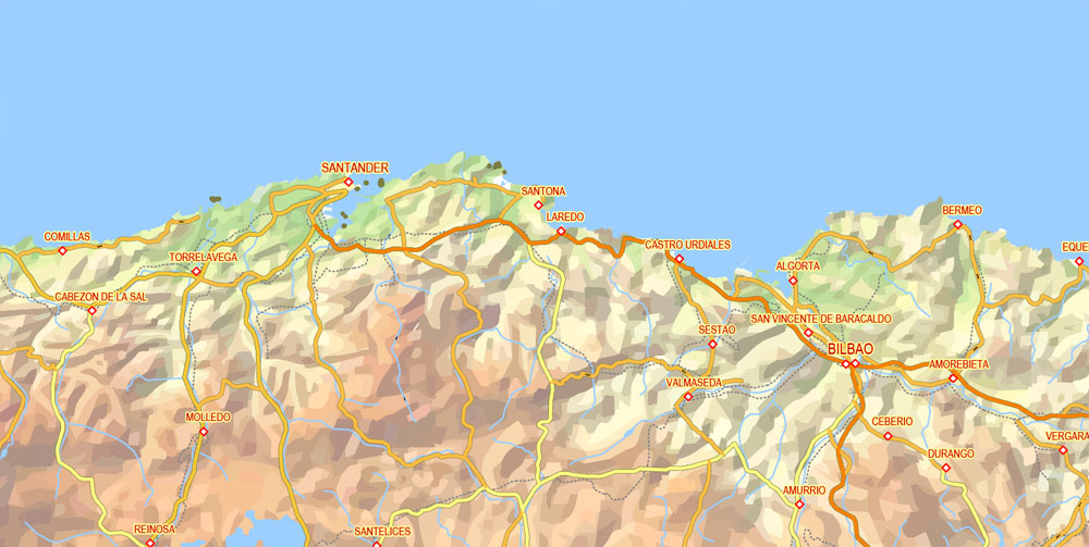 Editable PDF Vector Map Pyrenees Area, Relief, Roads and Waterways map Printable Adobe PDF, scalable, editable text format of names, 33 Mb ZIP.