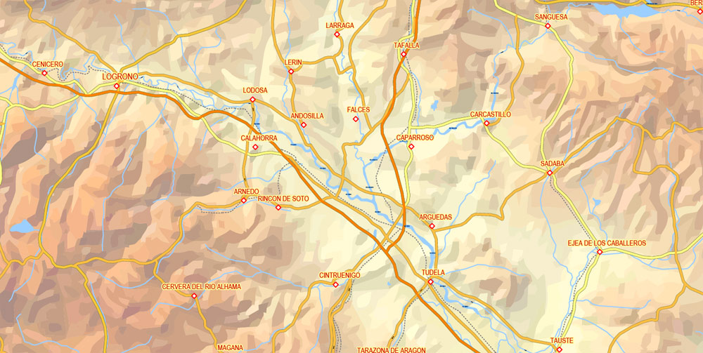 Editable PDF Vector Map Pyrenees Area, Relief, Roads and Waterways map Printable Adobe PDF, scalable, editable text format of names, 33 Mb ZIP.