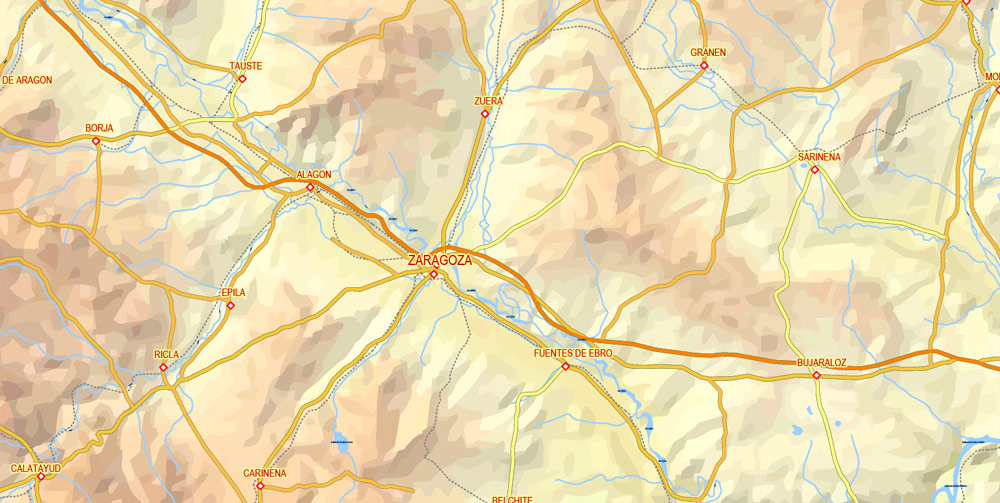 Editable PDF Vector Map Pyrenees Area, Relief, Roads and Waterways map Printable Adobe PDF, scalable, editable text format of names, 33 Mb ZIP.