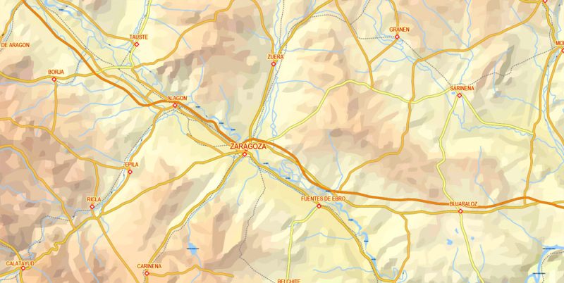 Editable Vector Map Pyrenees Area, Relief, Roads and Waterways map Printable Adobe Illustrator