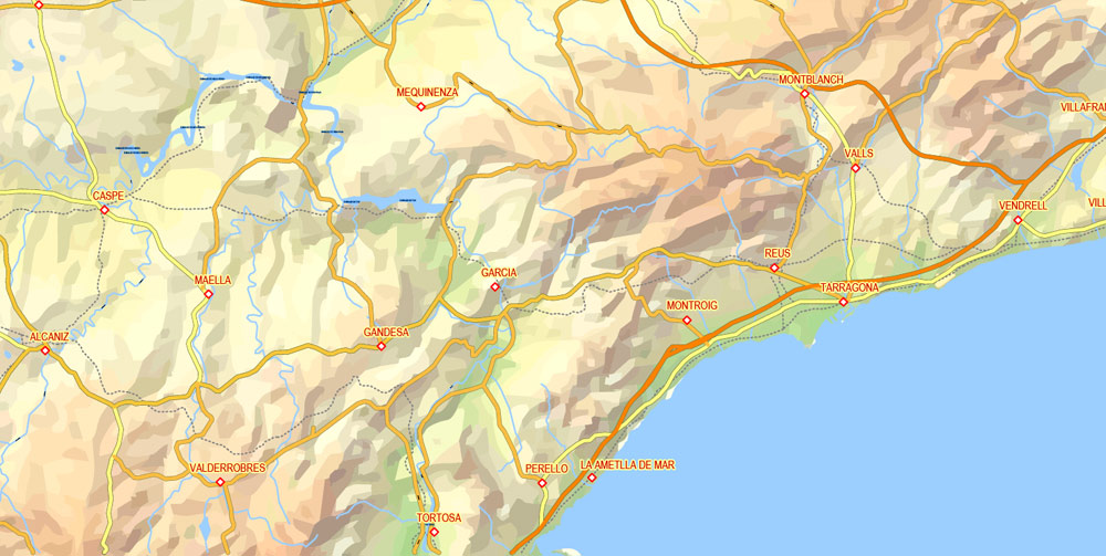 Editable PDF Vector Map Pyrenees Area, Relief, Roads and Waterways map Printable Adobe PDF, scalable, editable text format of names, 33 Mb ZIP.