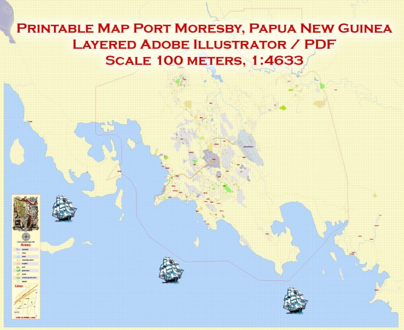 Printable Map Port Moresby, Papua New Guinea, exact vector City Plan Map street 100 meters scale 1:4633,  full editable, Adobe Illustrator, full vector, scalable, editable text format  street names, 7 mb ZIP