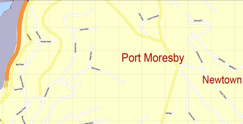 Printable Map Port Moresby, Papua New Guinea, exact vector City Plan Map street 100 meters scale 1:4633,  full editable, Adobe Illustrator, full vector, scalable, editable text format  street names, 7 mb ZIP
