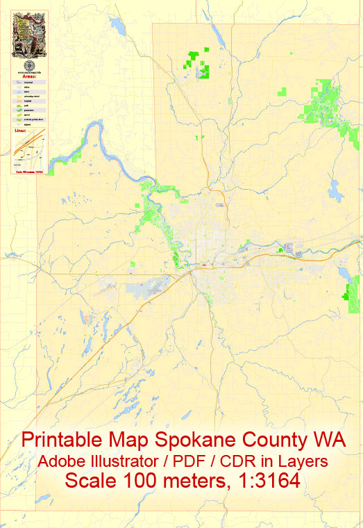 Spokane County + Spokane City Vector Map WA US, exact detailed Street Road Map Adobe Illustrator in layers