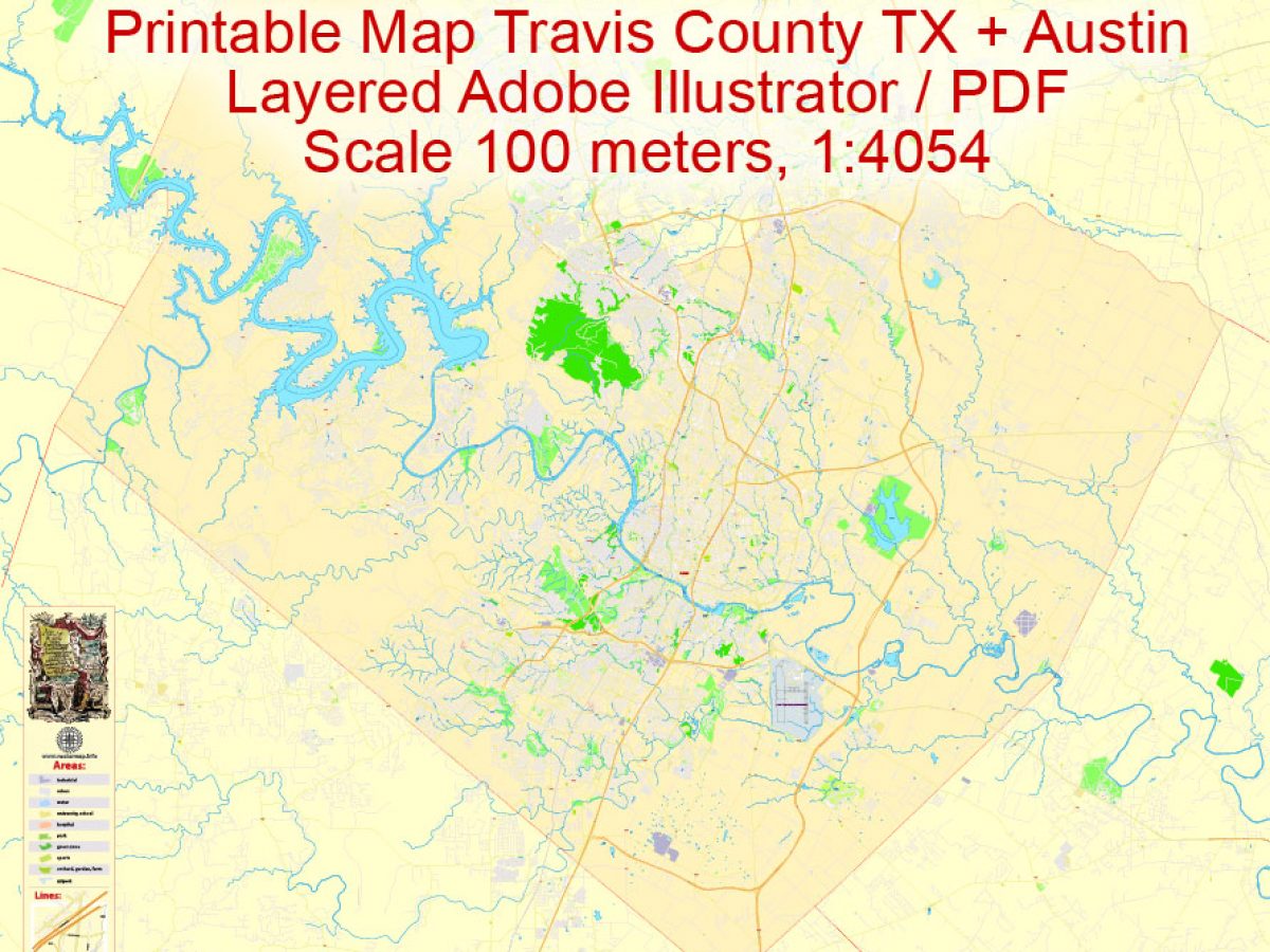 Travis County Gis Map Pdf Map Travis County + Austin Tx, Editable Printable Detailed Vector