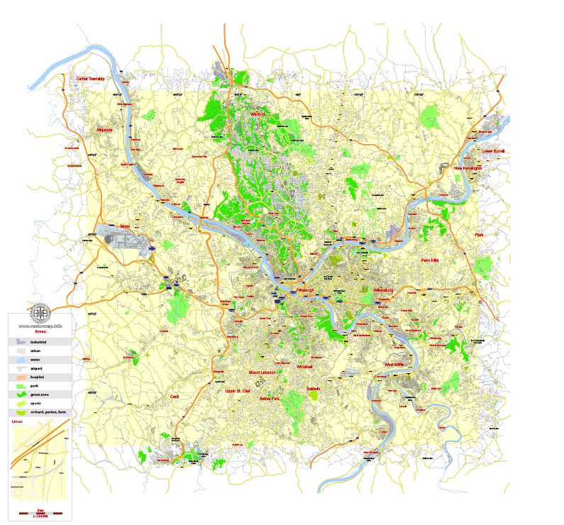 Printable Map Pittsburgh Metro Area, Pennsylvania, US, exact vector City Plan scale 5000 meters, full editable, Adobe Illustrator, scalable, 5 mb ZIP