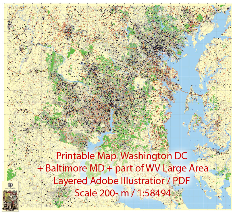 Washington DC Map + Baltimore + part of Virginia Editable PDF Map exact detailed vector City Plan Scale 1:58494 Adobe PDF Street Map