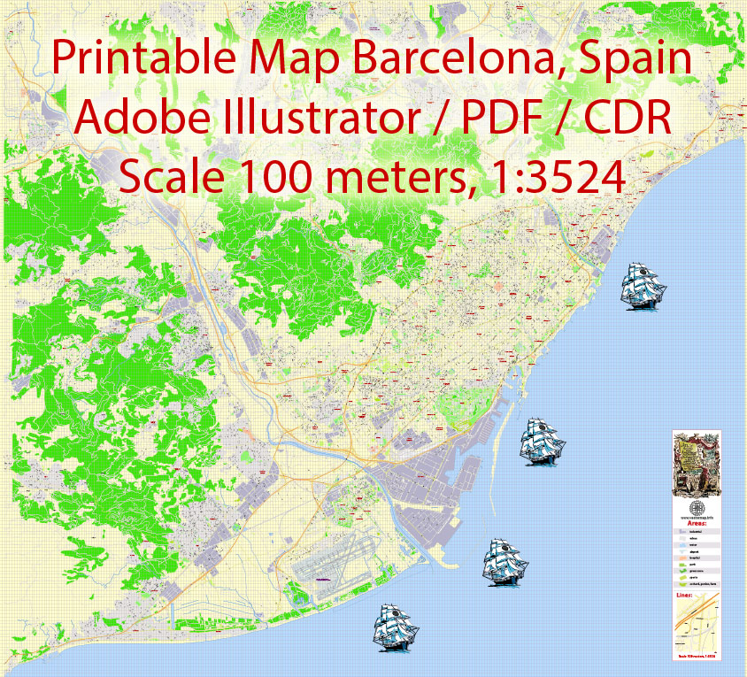 Barcelona PDF Map Spain, Printable Vector exact detailed City Plan scale map 1:3524, editable Layered Adobe PDF Street Map