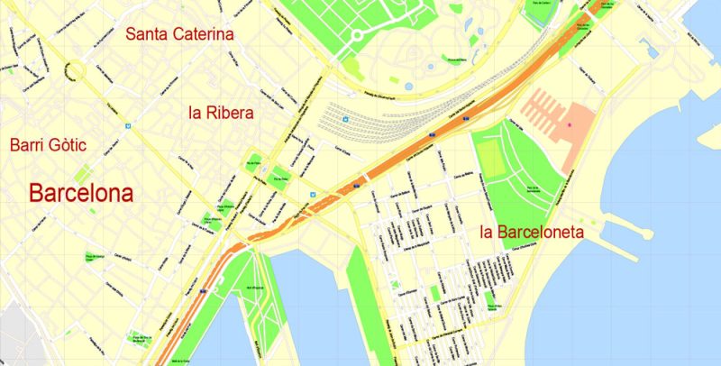 Printable Vector Map Barcelona, Spain, exact detailed City Plan, 100 meters scale map 1:3524, editable Layered Adobe Illustrator