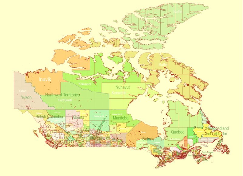 Printable Admin Map Canada Miller Projection, - Provinces, Counties, Admin Districts  full editable, Adobe Illustrator,  scalable, editable text format  names, 96 Mb ZIP