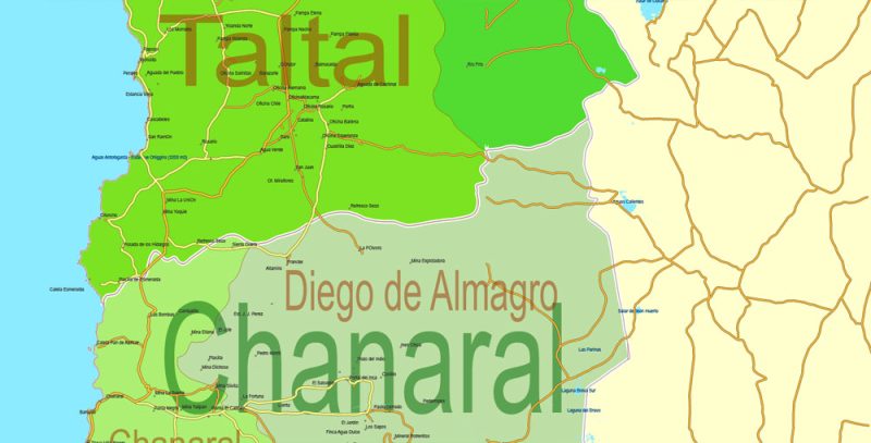 Printable Admin Road Map Chile Extra Detailed, Mercator Projection, - Provinces, Admin Districts, Roads, Water, Cities, full editable, Adobe Illustrator,  scalable, editable text format  names, 74 Mb ZIP