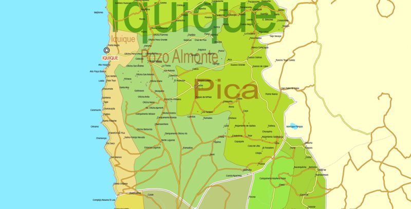 Printable Admin Road Map Chile Extra Detailed, Mercator Projection, - Provinces, Admin Districts, Roads, Water, Cities, full editable, Adobe Illustrator,  scalable, editable text format  names, 74 Mb ZIP