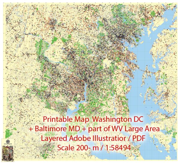Editable Printable Map Washington + Baltimore + part of Virginia, exact detailed vector Map City Plan Scale 2000 meters, 1:58494, Adobe Illustrator
