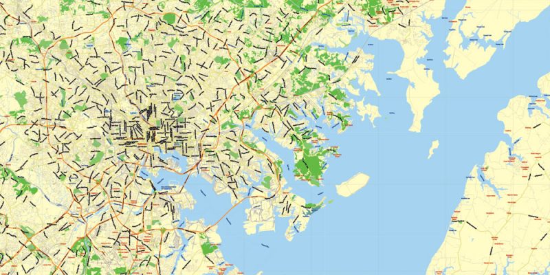 Editable Printable Map Washington + Baltimore + part of Virginia, exact detailed vector Map City Plan Scale 2000 meters, 1:58494, Adobe Illustrator