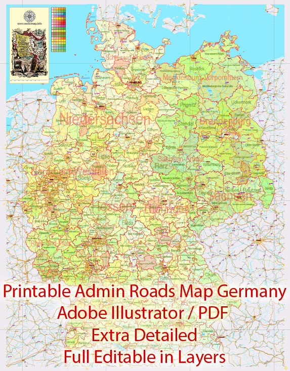 Printable Editable Map Germany Administrative Divisions - Provinces, Districts, Roads, Cities, Airports, Railroads Adobe Illustrator,  scalable, editable text format  names, 26 Mb ZIP.