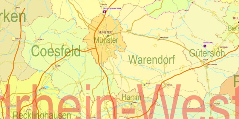 Printable Editable Map Germany Administrative Divisions - Provinces, Districts, Roads, Cities, Airports, Railroads Adobe Illustrator,  scalable, editable text format  names, 26 Mb ZIP.