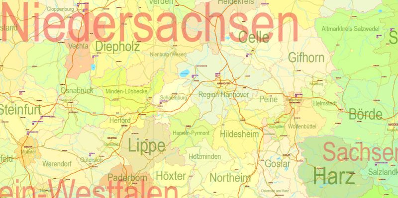Printable Editable Map Germany Administrative Divisions - Provinces, Districts, Roads, Cities, Airports, Railroads Adobe Illustrator,  scalable, editable text format  names, 26 Mb ZIP.