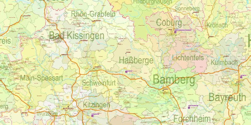 Printable Editable Map Germany Full Administrative Divisions - States, Districts, Municipal Areas, + Roads, Cities, Airports, Railroads Adobe Illustrator,  scalable, editable text format  names, 49 Mb ZIP.
