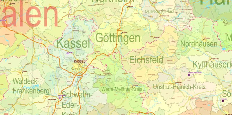 Printable Editable Map Germany Full Administrative Divisions - States, Districts, Municipal Areas, + Roads, Cities, Airports, Railroads Adobe Illustrator,  scalable, editable text format  names, 49 Mb ZIP.