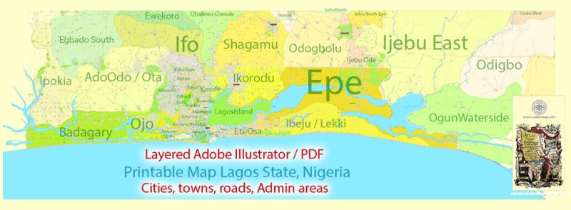 Editable Printable Map Lagos State Admin Roads Cities and Towns, Nigeria, exact detailed vector Map, Adobe Illustrator, scalable, editable text format  names, 14 mb ZIP