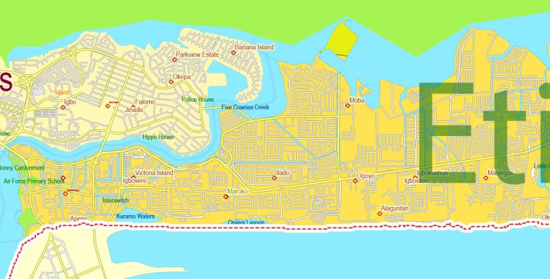 Editable Printable Map Lagos State Admin Roads Cities and Towns, Nigeria, exact detailed vector Map, Adobe Illustrator, scalable, editable text format  names, 14 mb ZIP
