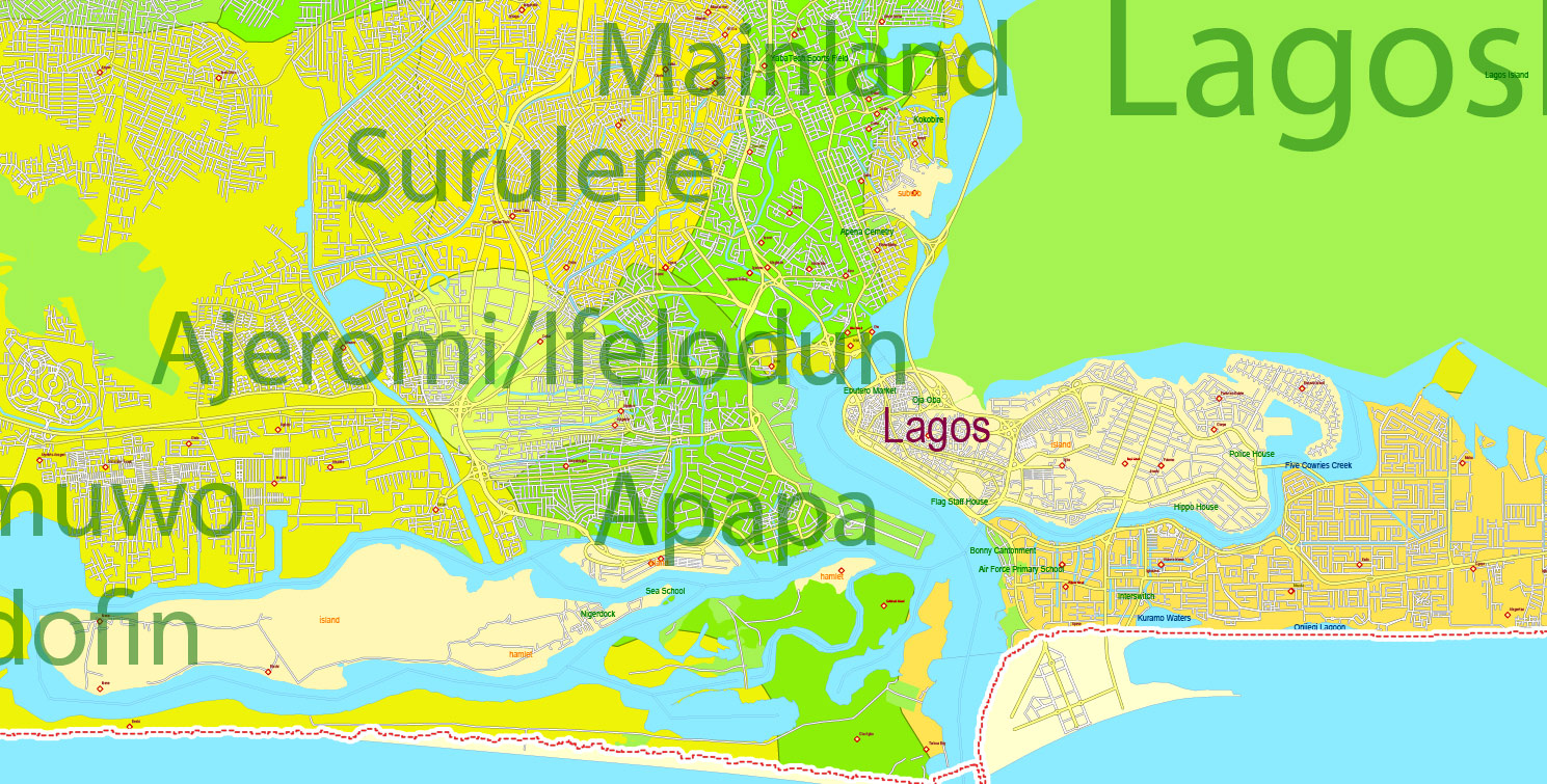 Lagos State Editable PDF Map Admin Roads Cities and Towns, Nigeria