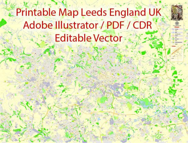 Leeds + Bradford Vector Map, England UK, Printable exact detailed City Plan, editable Layered Adobe Illustrator Street Map
