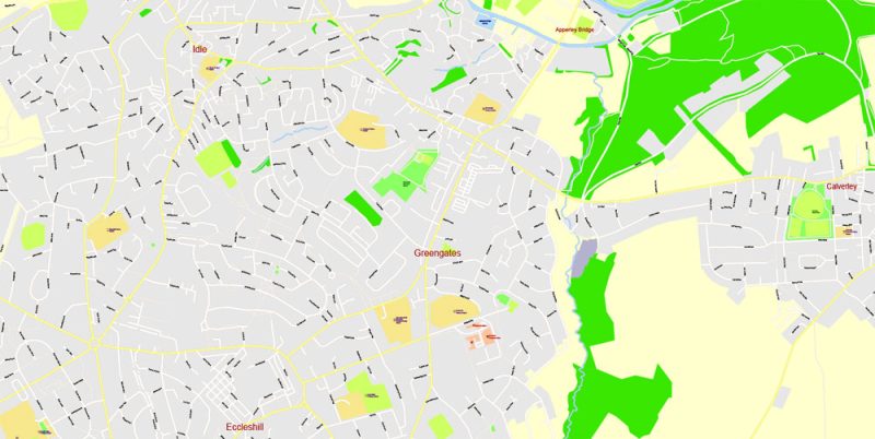 Printable Vector Map Leeds + Bradford, England UK, exact detailed City Plan, editable Layered Adobe Illustrator, 22 Mb ZIP