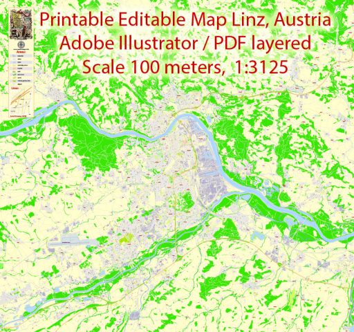 PDF Map Linz, Austria, exact detailed City Plan Printable editable