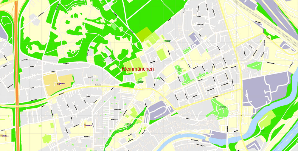Printable Vector Map Linz, Austria, exact detailed City Plan, 100 meters scale map  1:3125, editable Layered Adobe Illustrator, 21 Mb ZIP