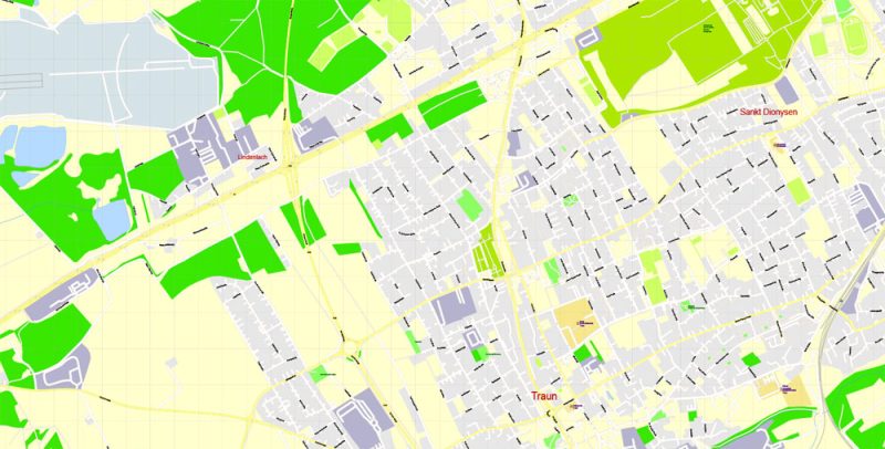 Printable Vector Map Linz, Austria, exact detailed City Plan, 100 meters scale map  1:3125, editable Layered Adobe Illustrator, 21 Mb ZIP